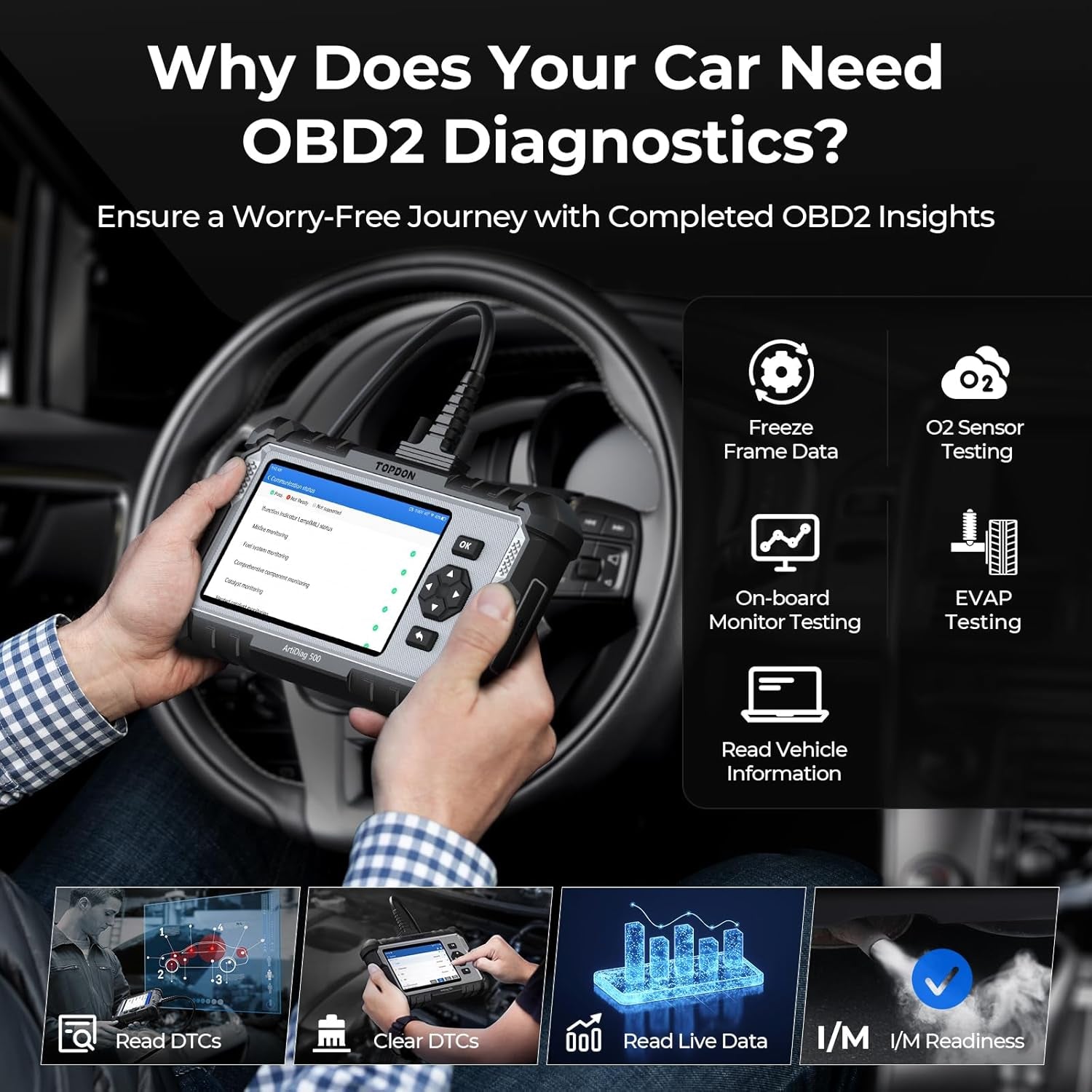 AD500 OBD2 Scanner Car Code Reader Scan Tool, Engine ABS SRS Transmission Diagnostics Tool, Oil/Throttle/Sas/Tpms/Bms/Epb Reset Car Scanner, Free Upgrade for DIY