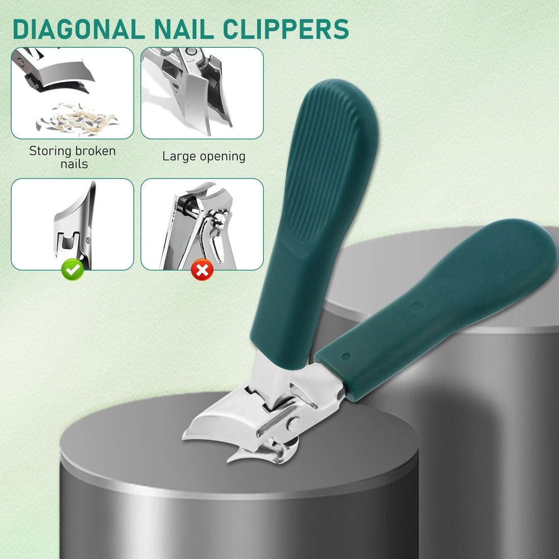 Eagle Beak Nail Clippers 3 Piece Set Wide Jaw Slanted Clippers Anti-Splash Beveled Edge Clippers For Men & Women Long Handle Thick Nail Trimmer Green