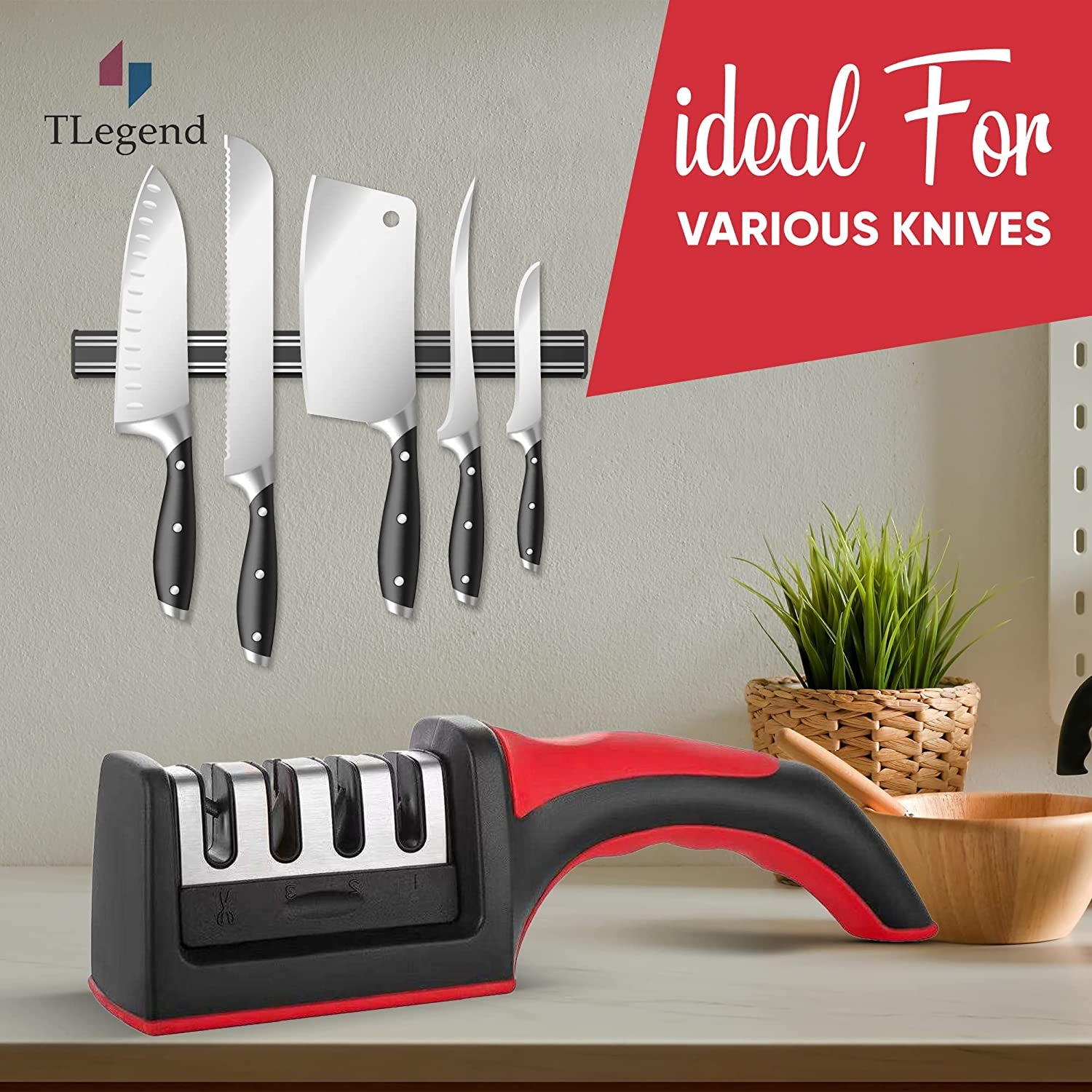 Knife Sharpeners for Kitchen Knives– Stainless Steel 4 In1 Kitchen Knife Sharpener – Ergonomic and Easy to Use Knife Sharpening Kit with 4 Stage Sharpening Slots Black