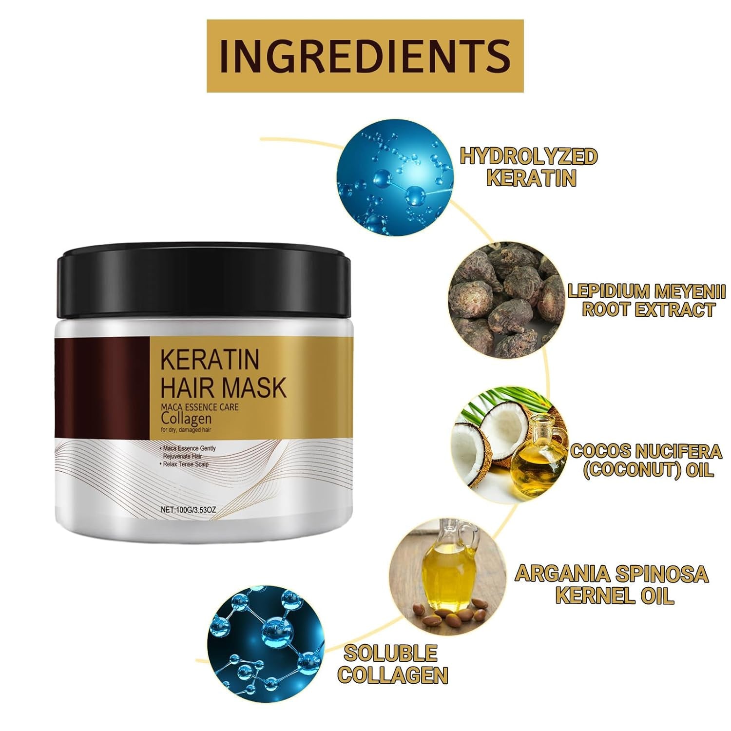 Collagen & Argan Oil Hair Mask for Damaged Hair, Including Curly, Straight, Thin & Fine Hair, Nourishing Hair Essence Care (100G, 3.53Oz)