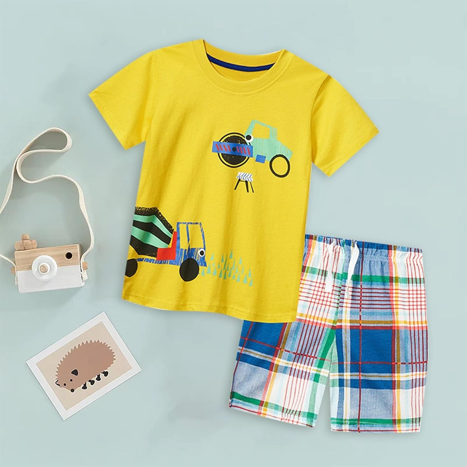 Cute Children Clothes Set 1 to 7 Years Summer Boy'S Short Sleeve Shorts Car Pattern Two Piece (Yellow, 2-3 Years)