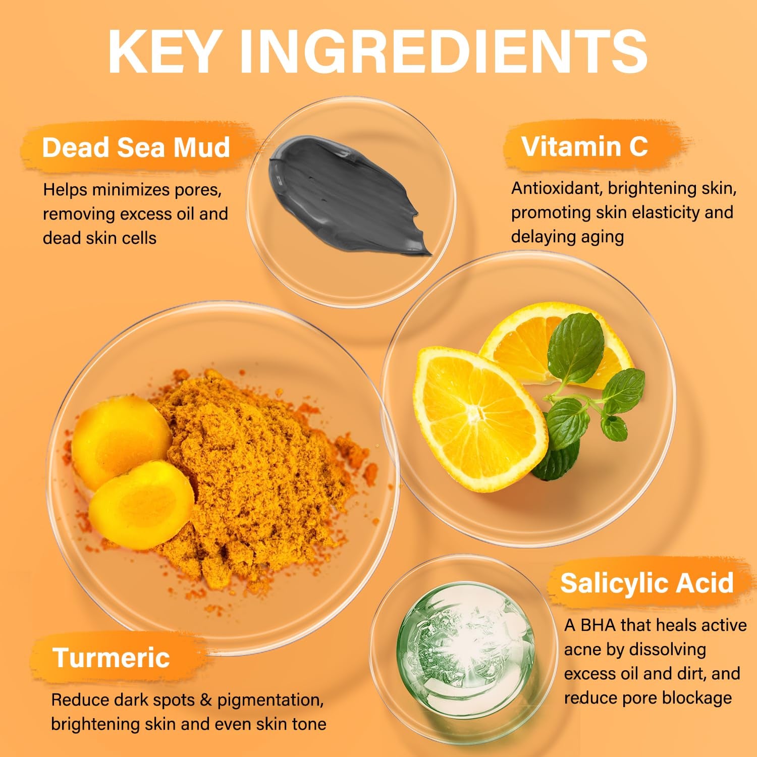 Facial Clay Mask Set - Vitamin C Face Mask with Turmeric, Dead Sea Mud & Salicylic Acid Mask for Pores Cleansing, Blackheads, Dark Spots, Brightening, Face Masks Skincare Gift for Women, 2.82 Oz Each