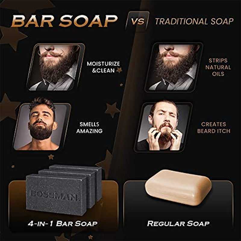 6-Pack 4-In-1 Bar Soap for Men – All Natural Organic Beard Wash, Shampoo, Body Wash & Shaving Soap – Eucalyptus & Tea Tree Scent