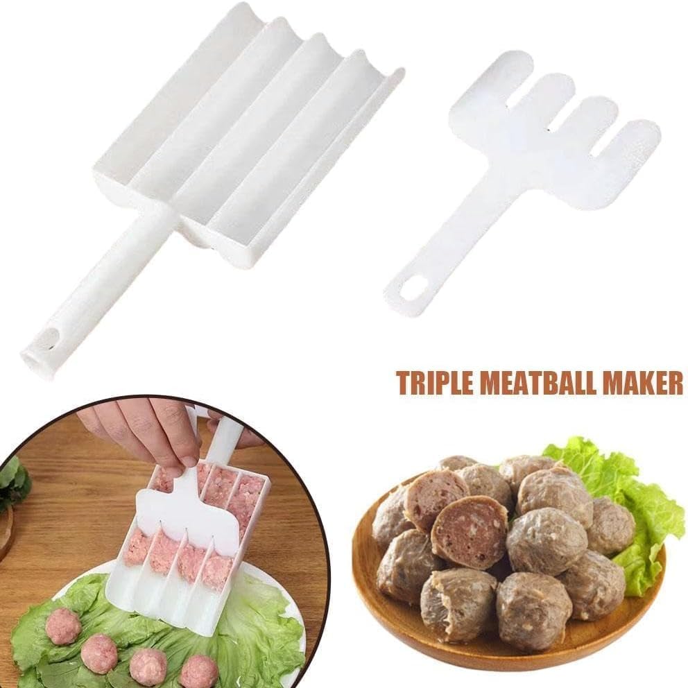 White Triple Meatball Maker, None-Stick Meatball Maker Melon Ballers, Meat Ball Scoop with Cutting Spade Ball Maker,Fruit and Vegetable Tools Creative Kitchen