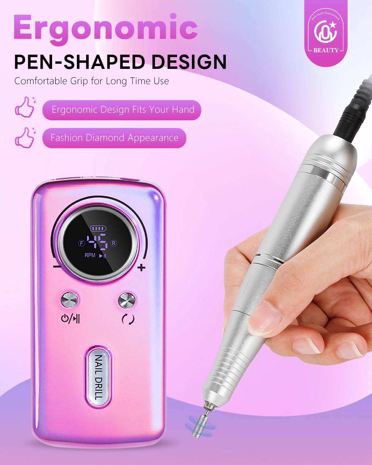 Cordless Nail Drill Professional: 45000 RPM Rechargeable Electric Nail File Kit, Portable & Low Noise for Acrylic, Gel Nails, Manicure & Pedicure - Salon & Home Use