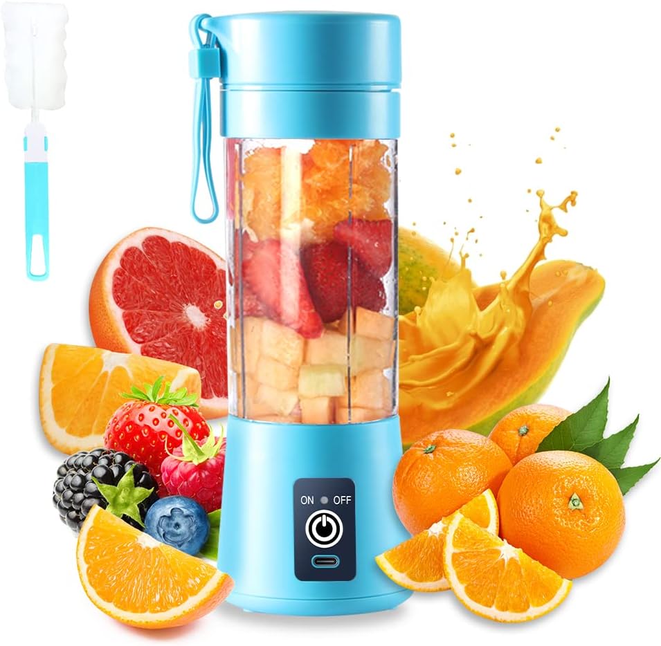 Portable Electric USB Juicer Blender Cup - Mini Blender for Shakes, Smoothies & Juice - 380Ml, Six Blades - Blue