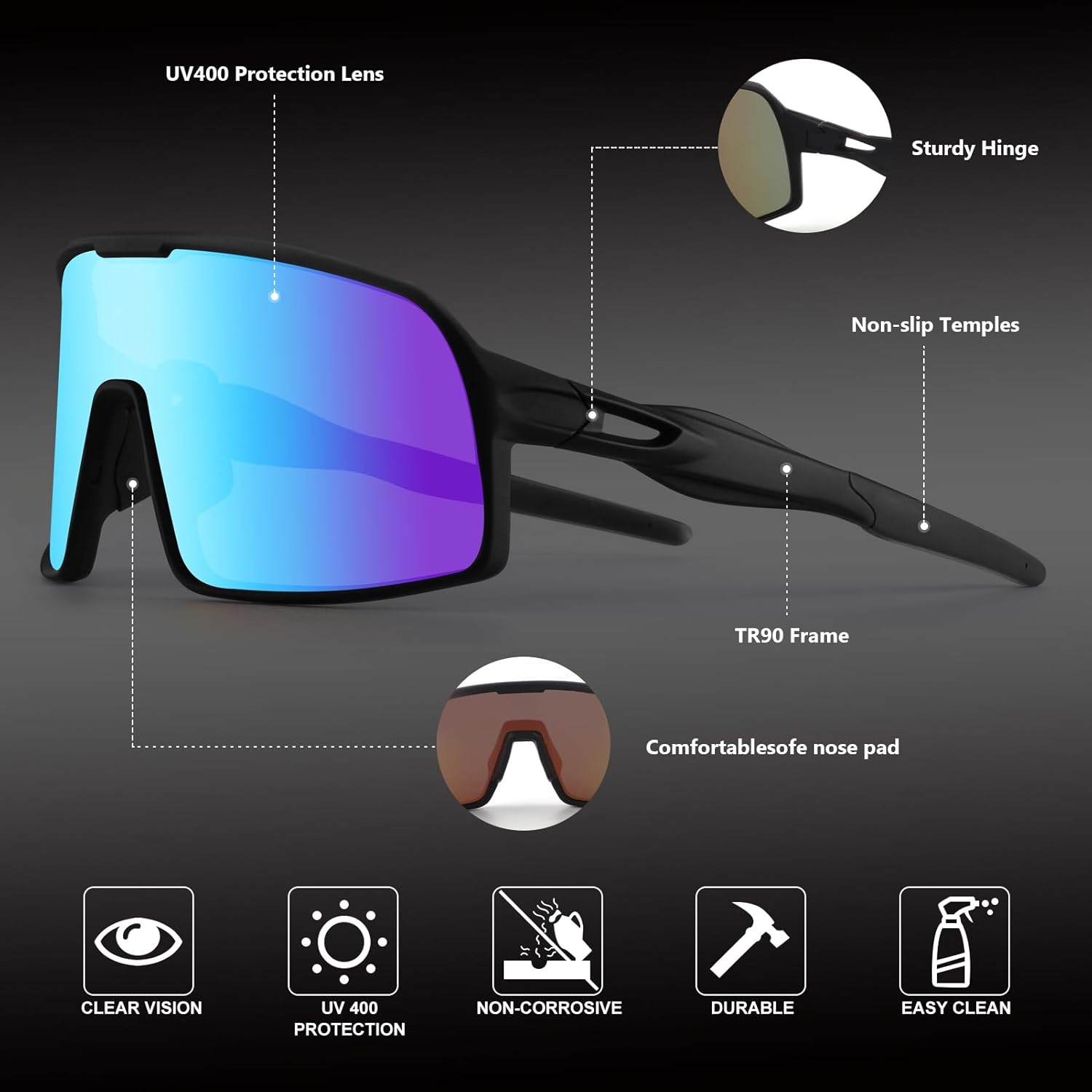 Polarized Cycling Glasses Sports Sunglasses, UV400 Protection, Men Women Running Fishing Driving Baseball Glasses