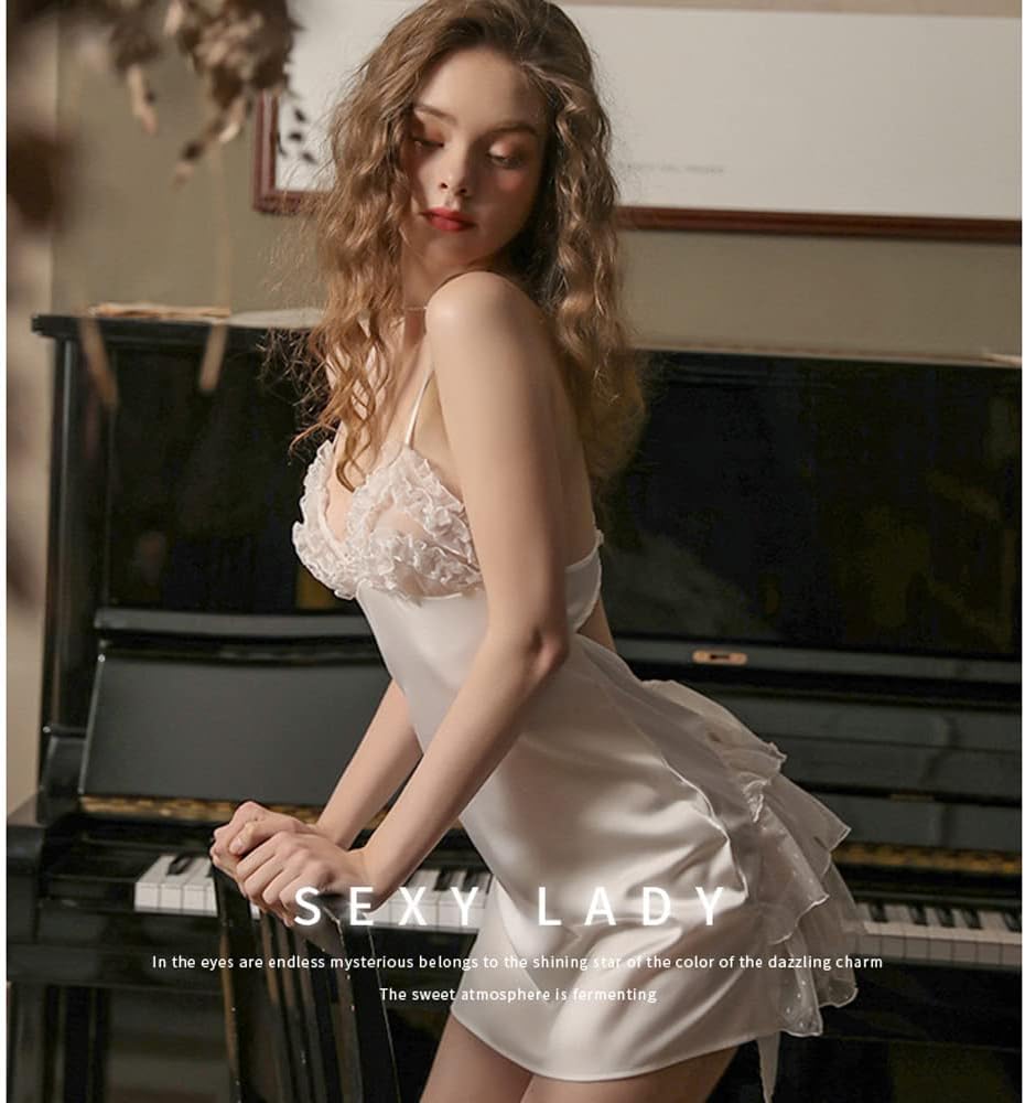 Lace Hollow Nightgown Satin Sling Sexy Lingerie V Neck Nightwear Chemise Suspender Skirt Set for Women