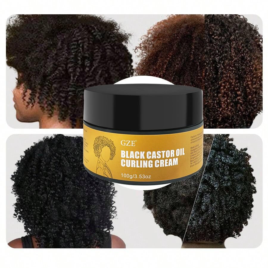GZE Black Castor Oil Curling Cream - Curl Enhancer & Frizz Control for Curly Hair, Defines Curls Styling Cream 3.53Oz