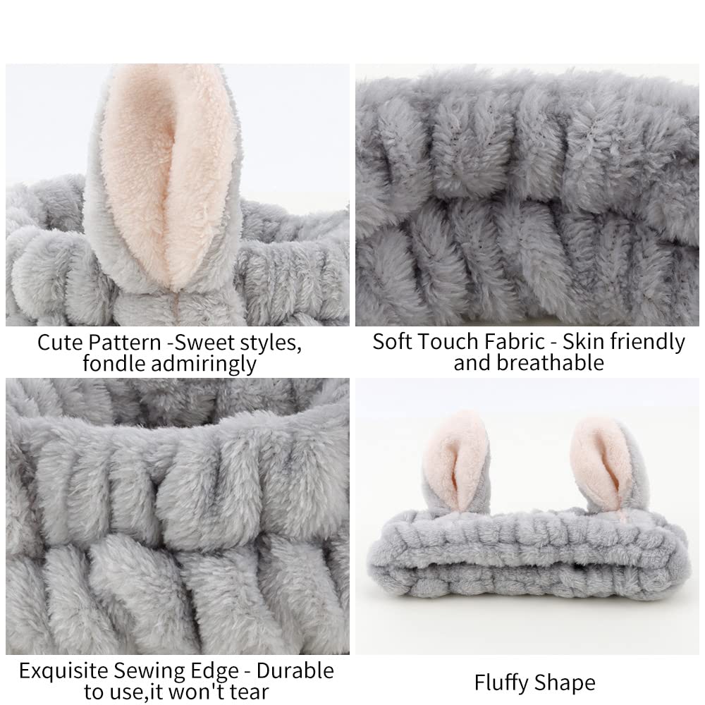 Animals Ears Headbands, Cute Makeup Spa Fuzzy Skincare Headband for Washing Face Headband for Women Girls Coral Fleece Elastic Hair Band Cosplay Makeup Party, 4Pcs
