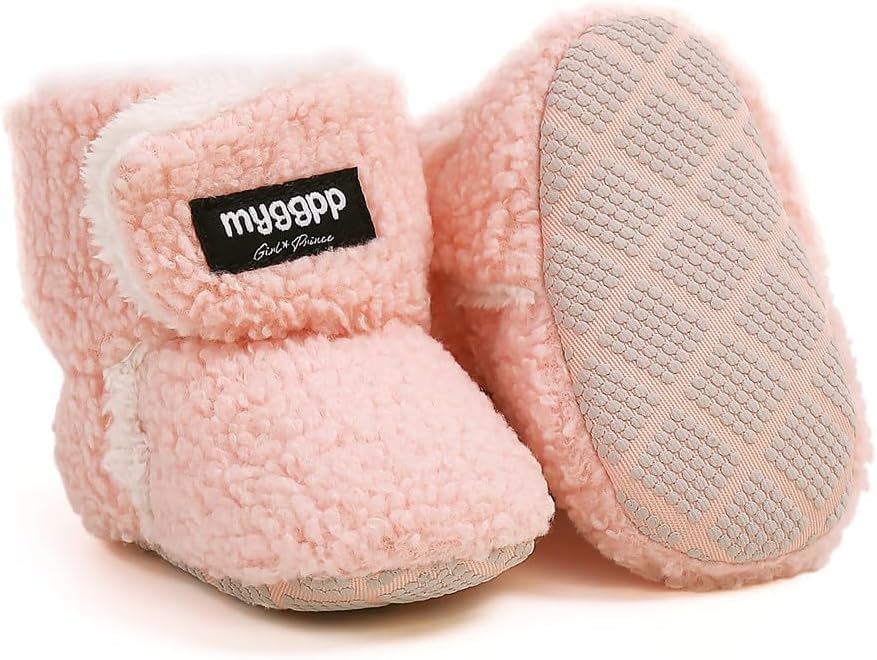 Baby Booties Cozy Fleece Slippers Soft Baby Shoes with Gripper Soles, Winter Infant Newborn Crib Sock Shoes Warm Footwear First Walkers