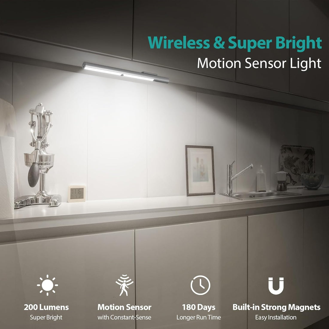 Under Cabinet Lights Motion Sensor Light Indoor, LED Closet Lights Battery Operated Lights, 4500Mah USB C Rechargeable under Cabinet Lighting Wireless, 6000K Cool White, 180 Days Battery Time