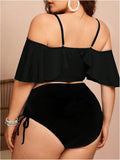 Women'S plus Size Two Piece Tankini Sets off Shoulder Ruffle Drawstring High Waisted Textured Swimsuits