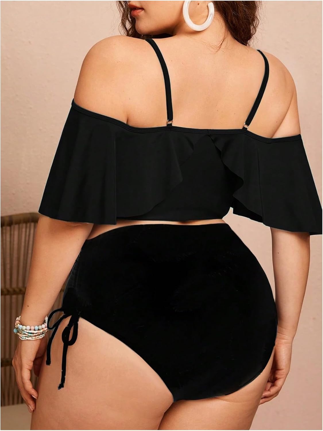 Women'S plus Size Two Piece Tankini Sets off Shoulder Ruffle Drawstring High Waisted Textured Swimsuits