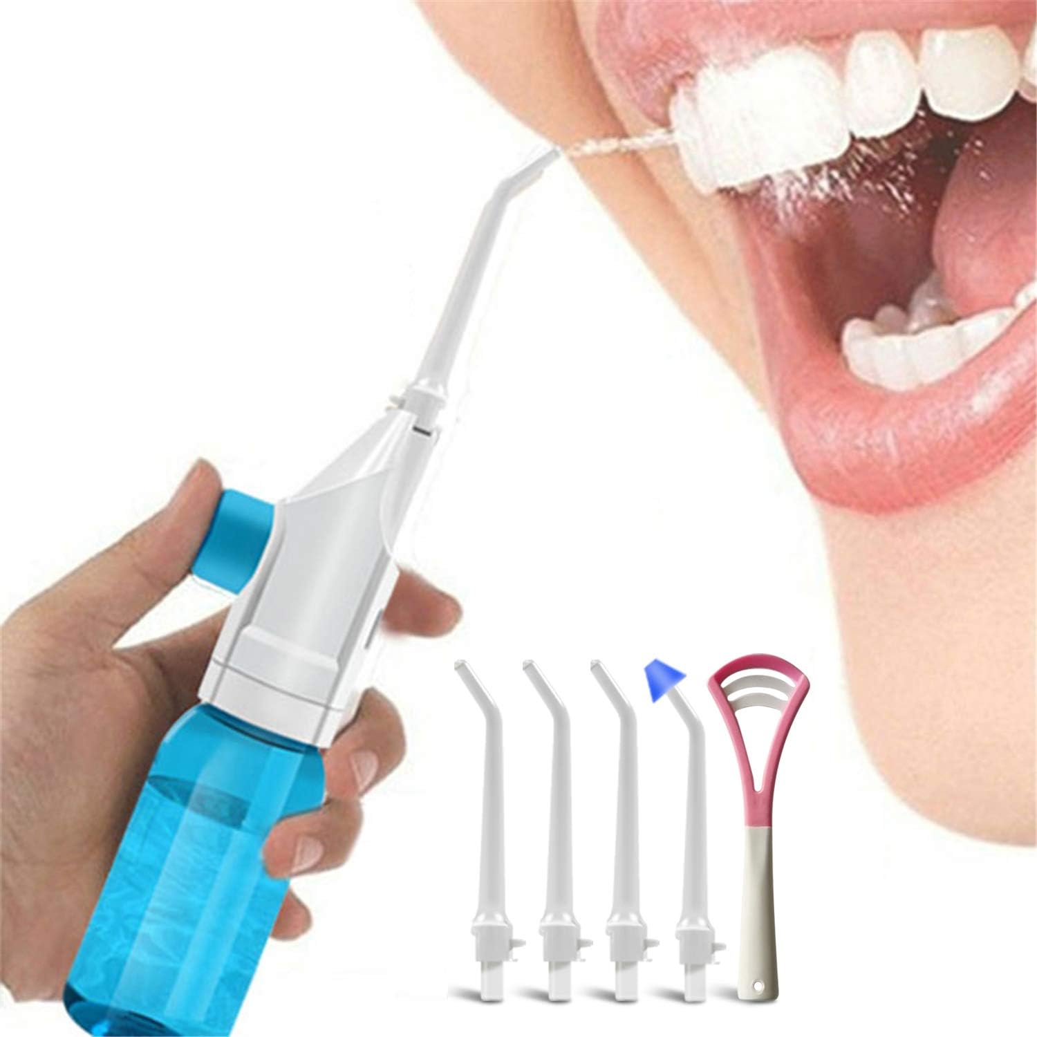 Portable Oral Irrigator Water Flosser Dental Water Toothbrush Toothpick Nasal Irrigator Implement Teeth Cleaner Oral Hygiene Flossers for Home Travel with 5Pcs Nozzles (Nozzle and Tongue Scraper)