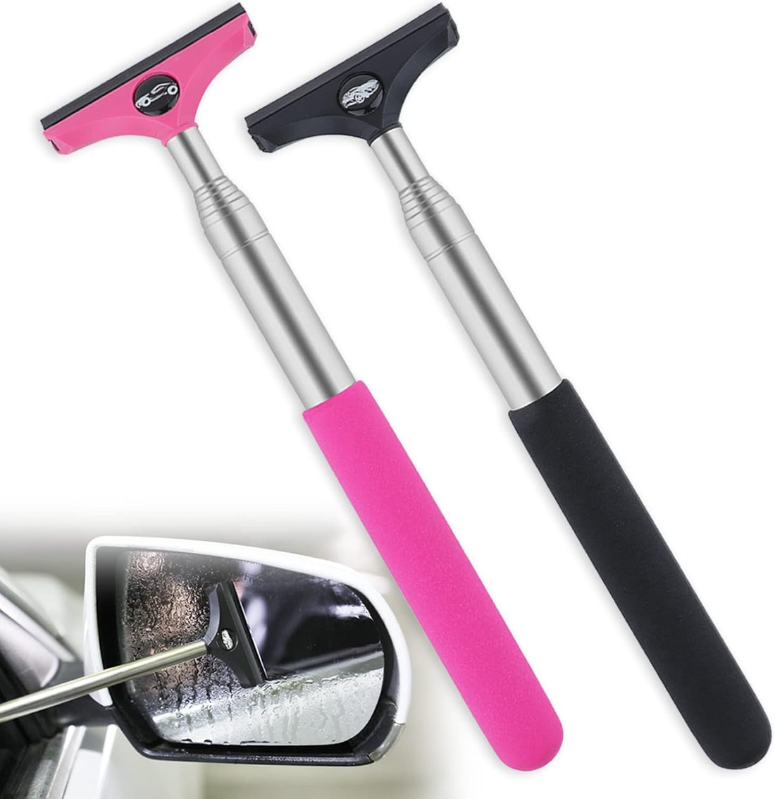 Side Mirror Squeegee, 2 PCS Car Mirror Squeegee, Retractable Car Rearview Mirror Wiper for All Vehicles, Universal Automotive Accessories(Black/Pink)