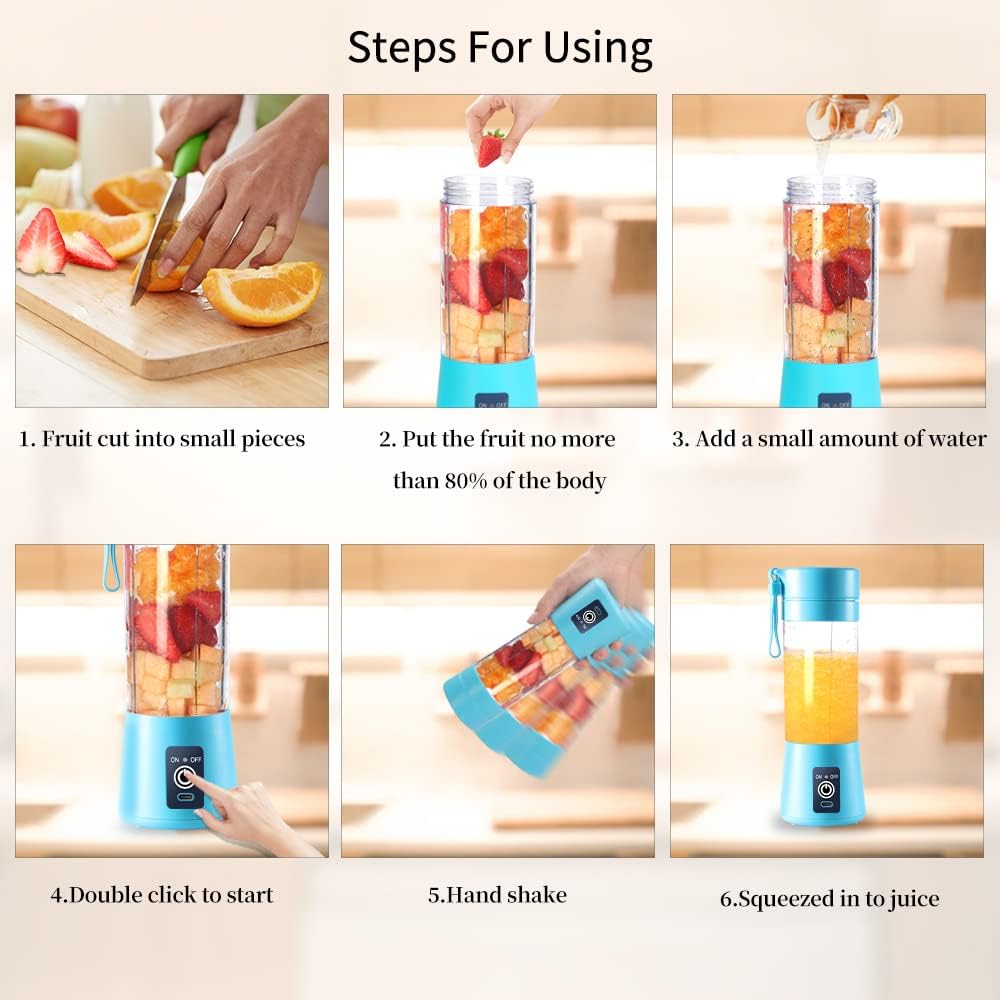 Portable Electric USB Juicer Blender Cup - Mini Blender for Shakes, Smoothies & Juice - 380Ml, Six Blades - Blue
