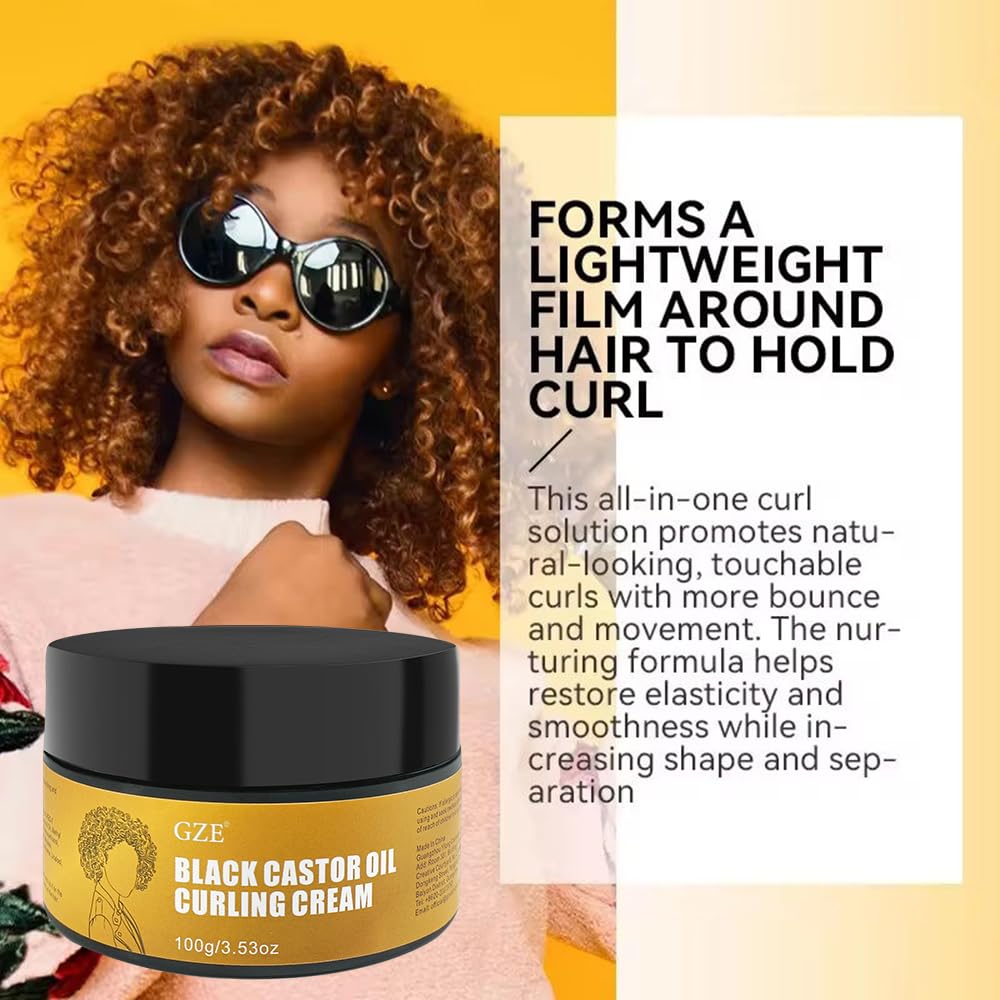 GZE Black Castor Oil Curling Cream - Curl Enhancer & Frizz Control for Curly Hair, Defines Curls Styling Cream 3.53Oz