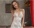 Lace Hollow Nightgown Satin Sling Sexy Lingerie V Neck Nightwear Chemise Suspender Skirt Set for Women