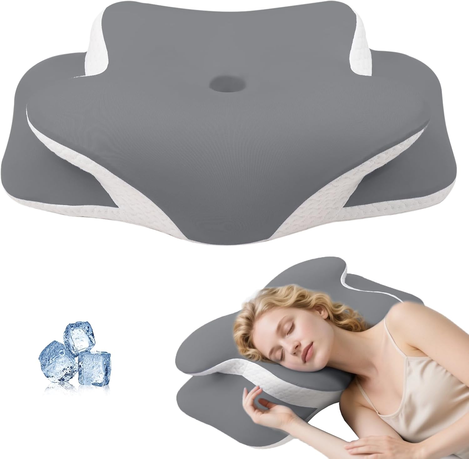 Cervical Pillow for Neck Pain Relief - Ergonomic Dual-Height Butterfly Contour Memory Foam Pillow with Ice Silk Fabric & Washable Cover for Side Back Stomach Sleepers (Grey)