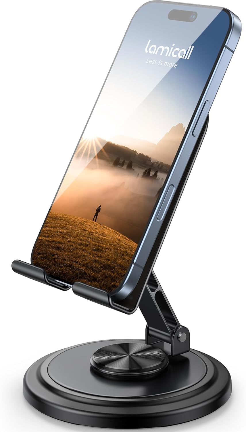 Adjustable Phone Stand for Desk - 360 Rotating Foldable Cell Phone Holder Desktop Portable Cellphone Stand, Office Desk Accessories for Iphone 16 15 14 13 Pro Max, 4-10” Smartphones, Ipad