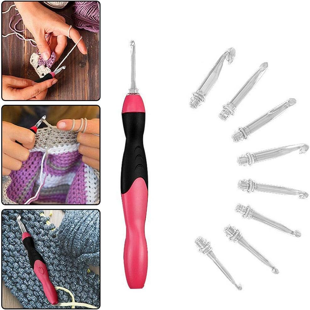 Lighted Crochet Hook Set, 9 in 1 Rechargeable Ergonomic Crochet Hook Set with Zip Case Light up Knitting Needles Kit Weave Sewing Tool Accessories