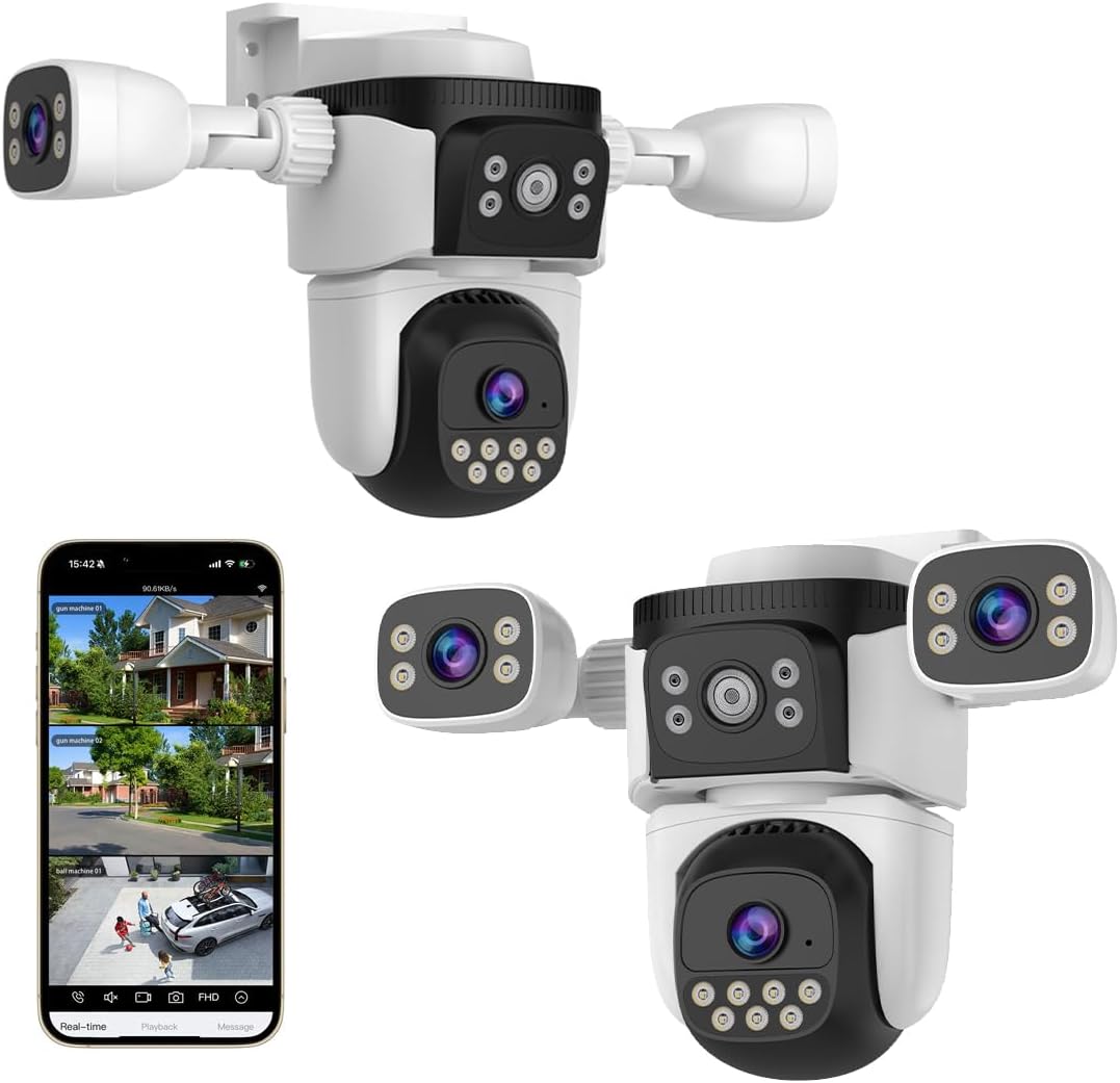 Triple Lens Wifi PTZ Security Camera, Three Cameras in One, Side Cameras with Adjustable All-Angle Arm, 2K 360° View No Blind Spot, Auto Tracking, Spotlight, 2 Way Audio