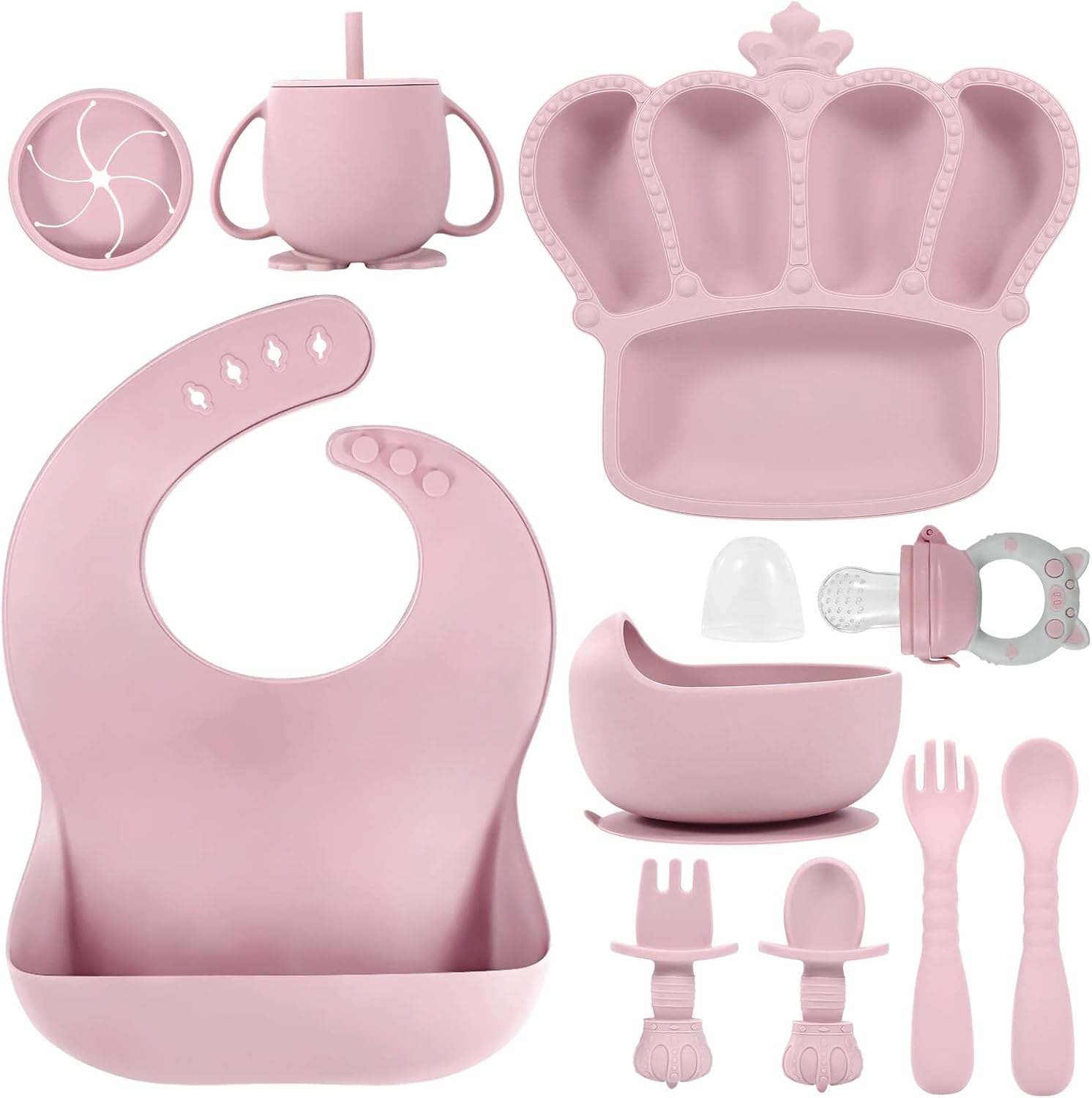 Silicone Baby Feeding Set 10 Pcs Baby Led Weaning Supplies Suction Bowl Divided Plate Baby Bibs Fruit Feeder Pacifier Baby Spoons Forks Sippy Cup Utensil Sets Baby Essentials for Newborn Grey Blue