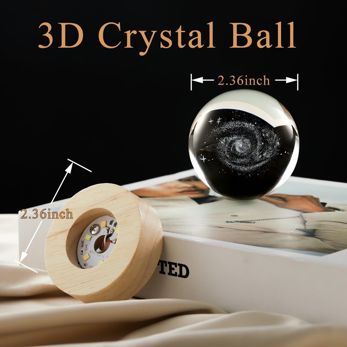 3D Galaxy Crystal Ball Lamp with Dimmable LED and Wooden Base, Night Light for Kids Teens Adults, Home Desk Office Bedroom Decor, Birthday Gift (2.4”/ 6Cm)