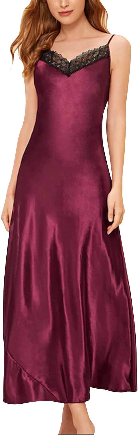 Satin Nightgowns for Women Long Silk Nightdress Vintage Lace Chemise Maxi Sleepwear