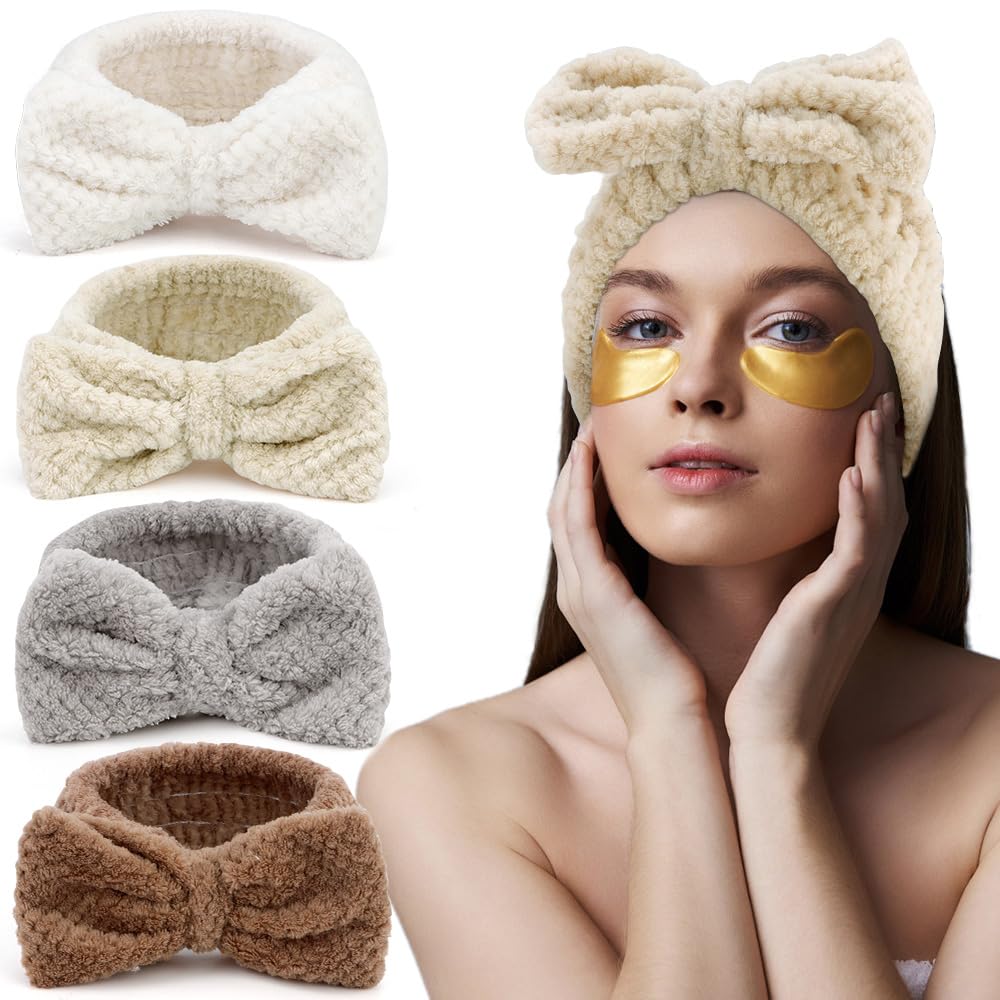 Animals Ears Headbands, Cute Makeup Spa Fuzzy Skincare Headband for Washing Face Headband for Women Girls Coral Fleece Elastic Hair Band Cosplay Makeup Party, 4Pcs