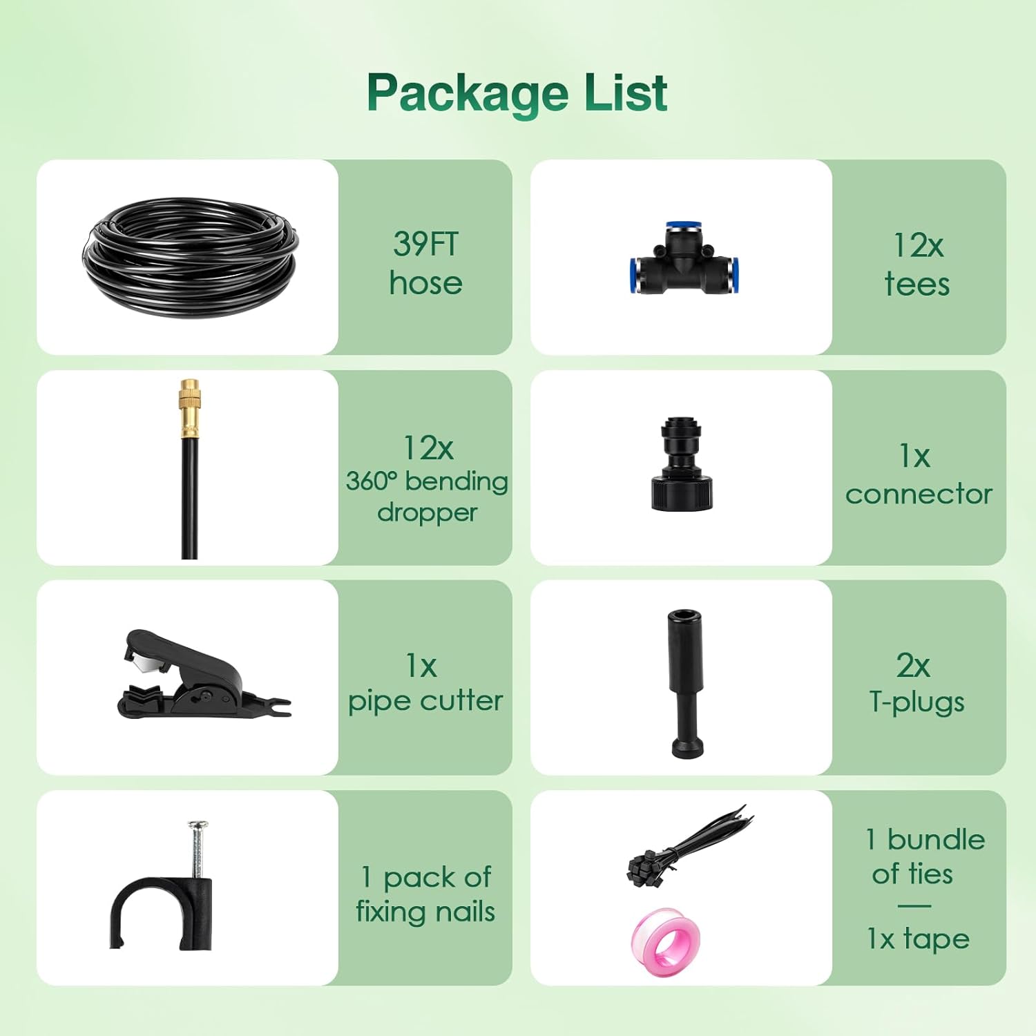 39FT Garden Mister System, Automatic Garden Watering System with 360-Degree Bending Dropper Atomizing Copper Nozzle, Drip Irrigation System for Garden, Greenhouse, Yard, Lawn, Plant (12 Spray Nozzles)