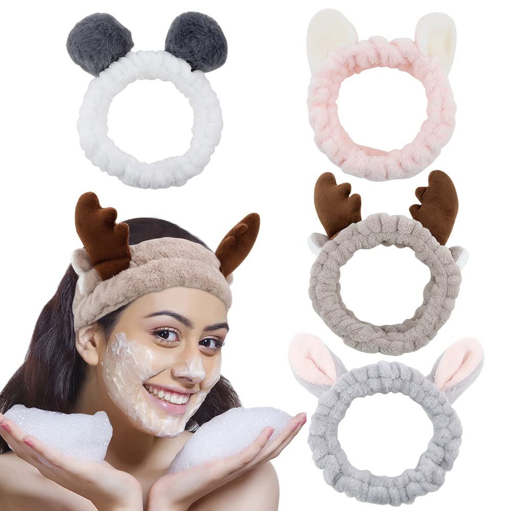 Animals Ears Headbands, Cute Makeup Spa Fuzzy Skincare Headband for Washing Face Headband for Women Girls Coral Fleece Elastic Hair Band Cosplay Makeup Party, 4Pcs