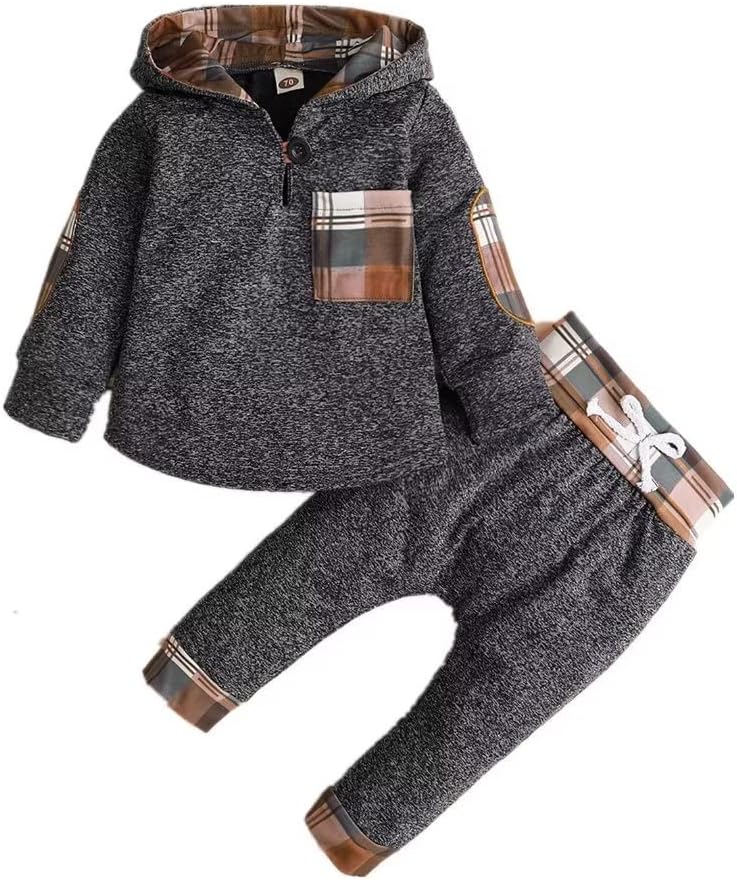 Baby Boy Clothes Toddler Infant Boys Fall Winter Outfit Long Sleeve Plaid Pocket Hoodie Tops + Pants 2Pcs