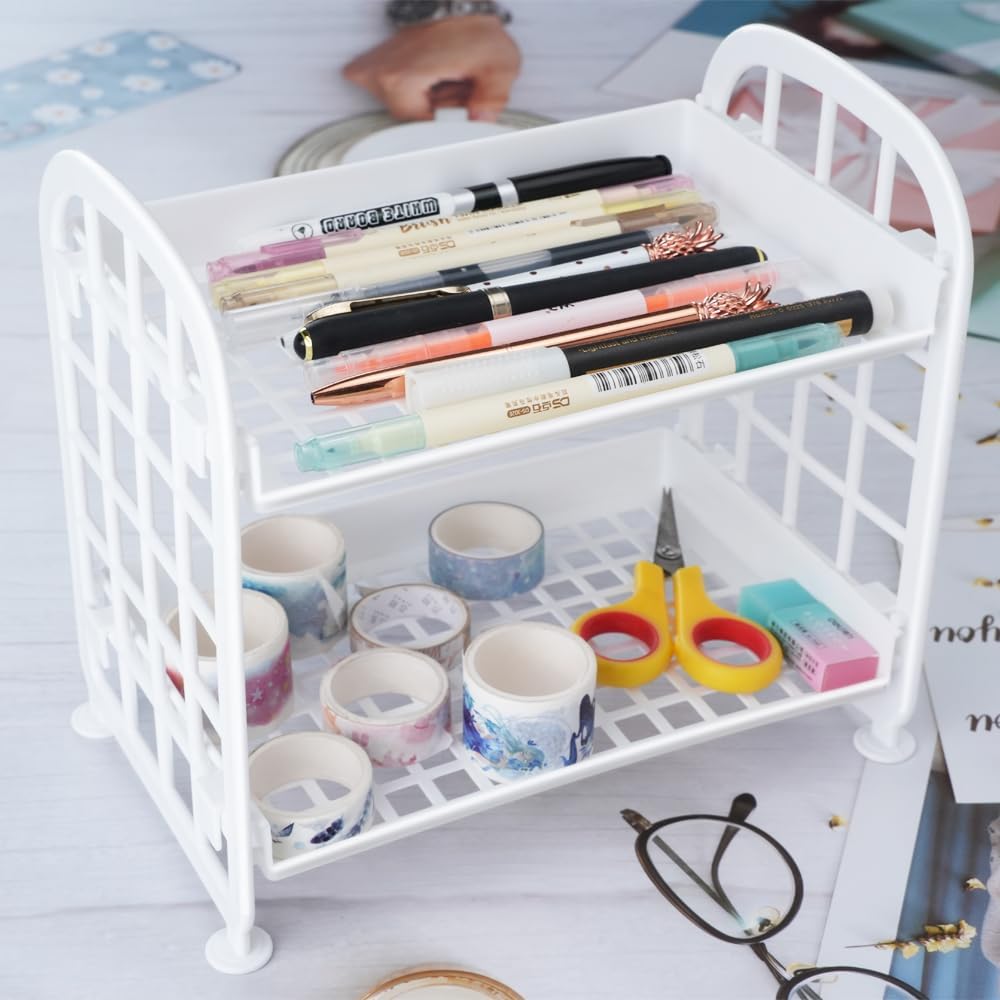 Desktop Rack Cosmetic Stationery Storage Holder, 2-Tier Multifunctional Plastic Shelf Makeup Organizer for Skincare Office Kitchen Bedroom Bathroom Home (White)