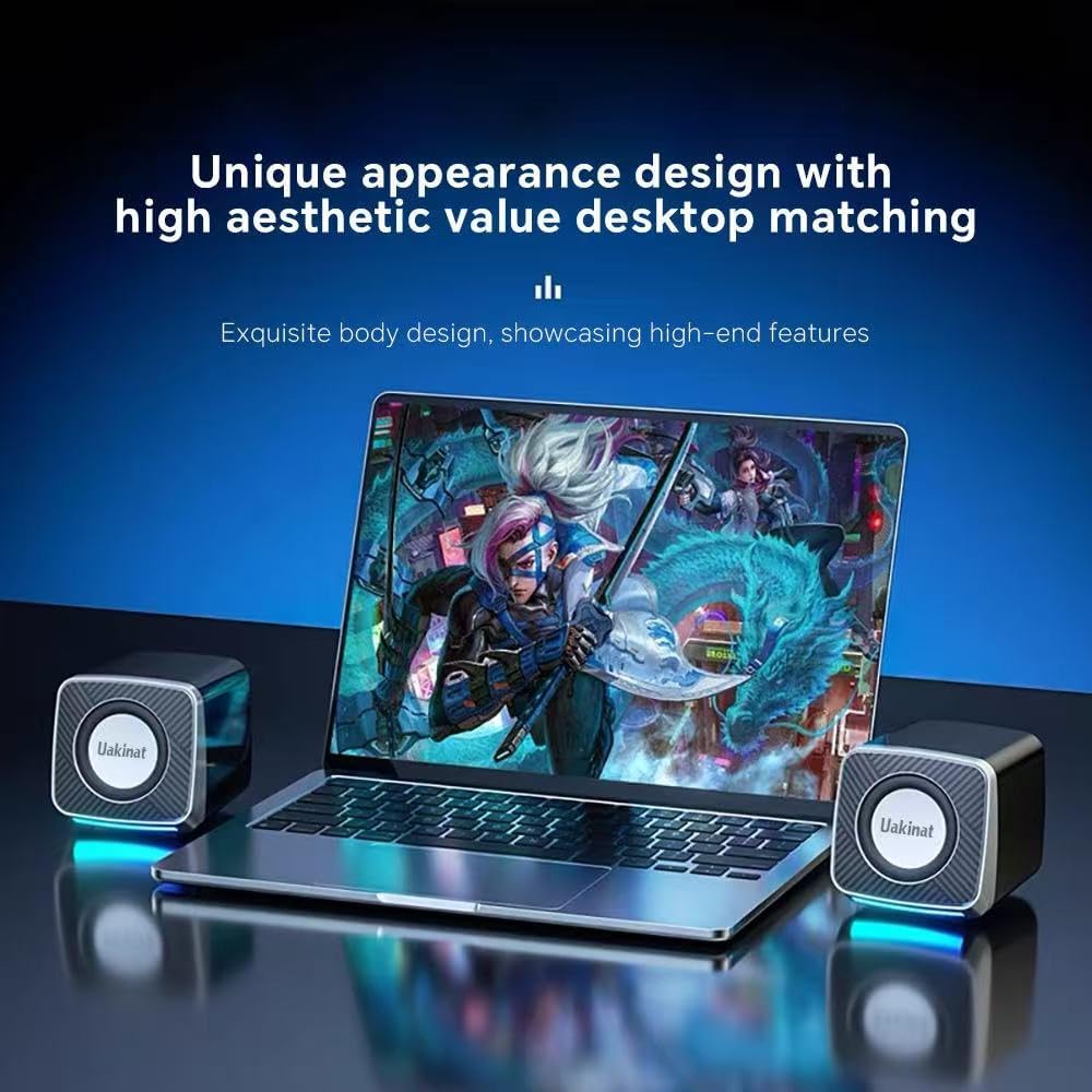 PC Speakers 2"–3W Carbon Fiber Computer Speaker for Desktop or Laptop PC,USB C/Usb-Powered,Crystal Clear Sound,Rich Bass,Loud Volume,Direct Control,Plug-N-Play,Black-Silver