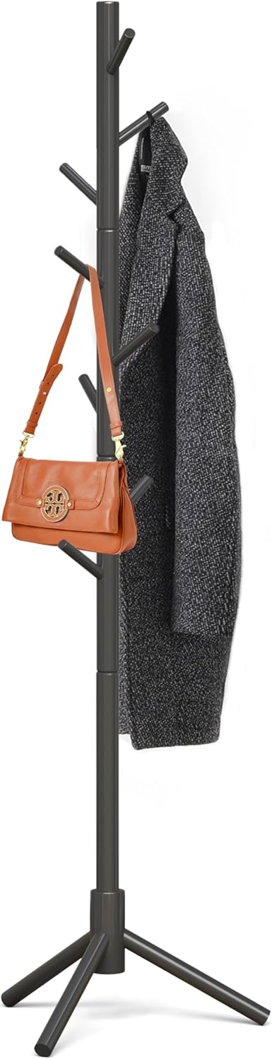 Coat Rack Freestanding, Pure Natural Solid Wooden Coat Tree, 8 Hooks and Adjustable Height Floor Hanger, Used in the Bedroom Living Room Office to Hang Clothes, Hats, Bags