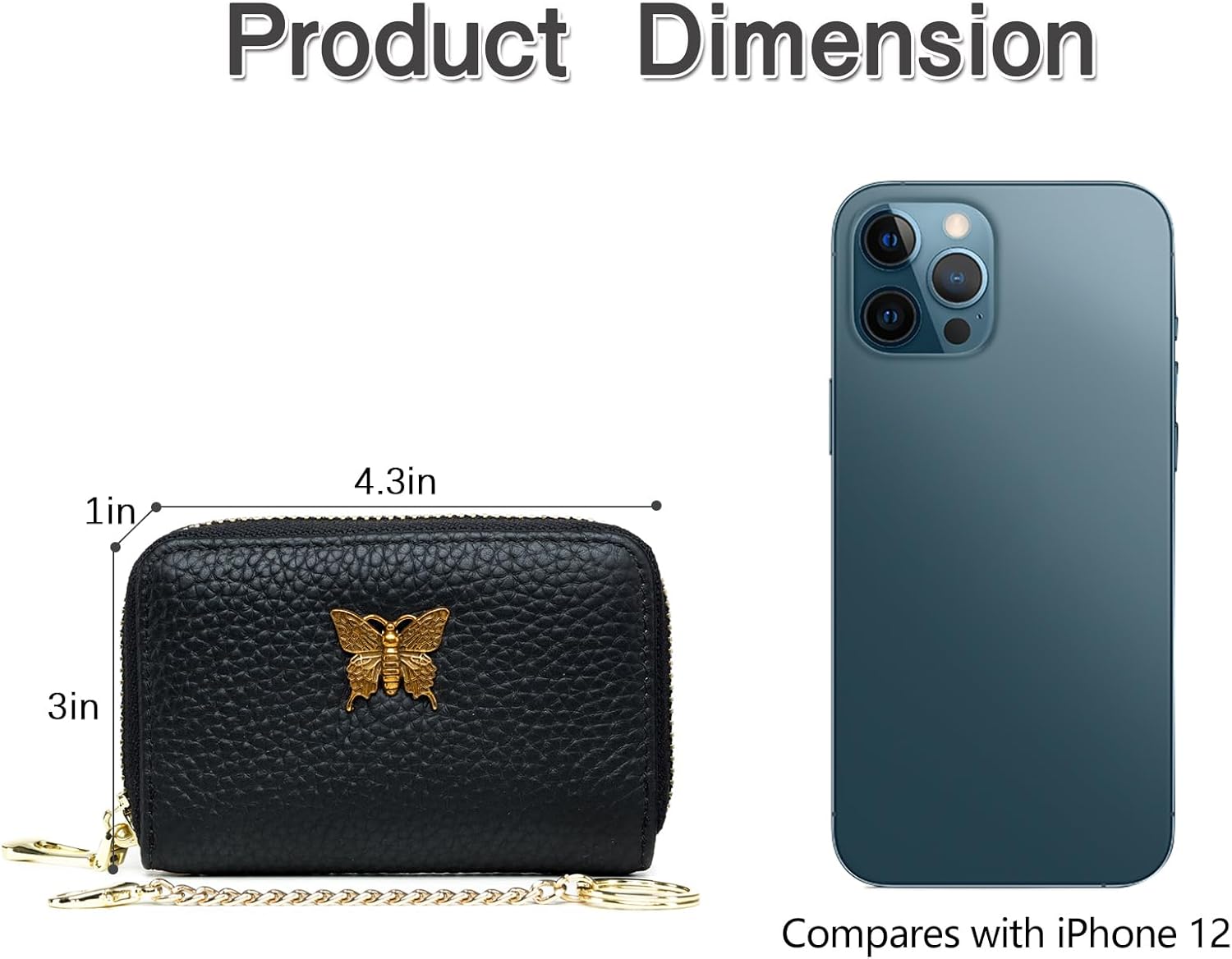 RFID Credit Card Holder for Women Genuine Leather Card Case Wallet with Zipper and Removable Keychain (Black)