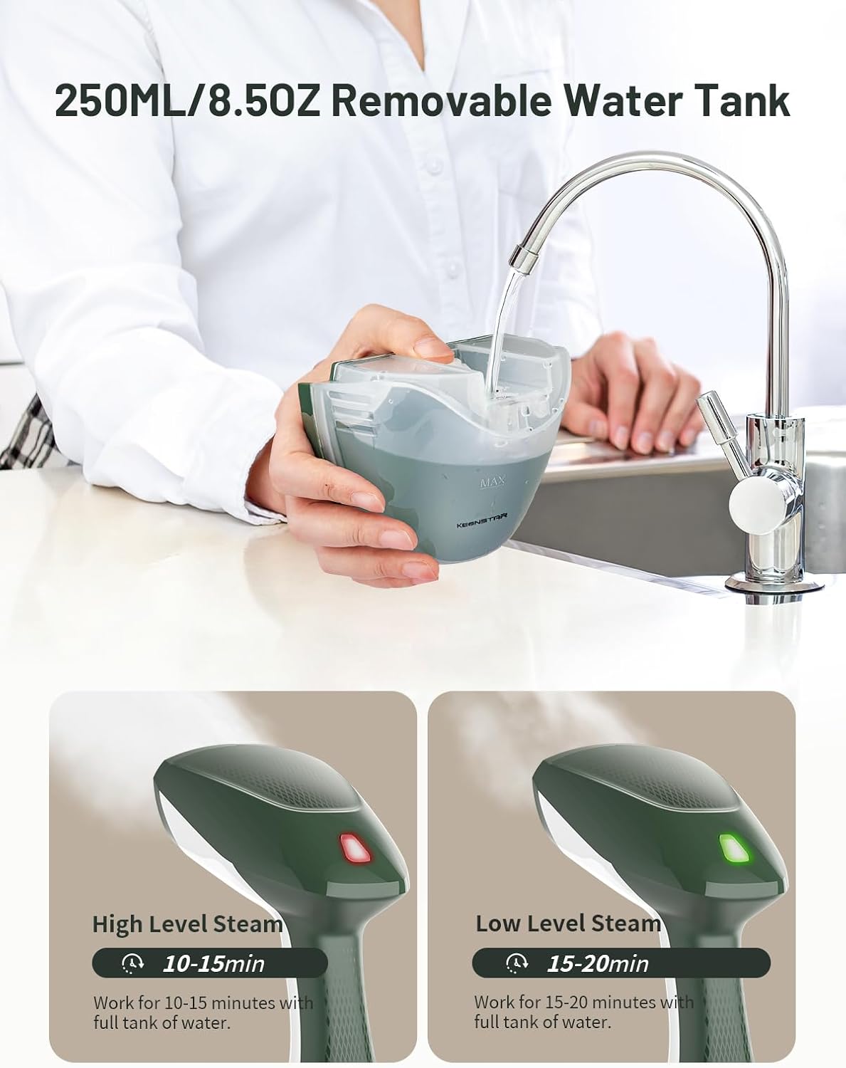 Steamer for Clothes, Portable Handheld Garment Steamer, 1500W 2 in 1 Fabric Wrinkles Remover, 30-Second Fast Heat-Up, 250Ml Detachable Water Tank, Steam Iron for Home and Dorm (120V Only)