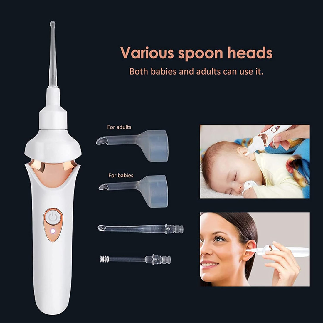 5-In-1 Electric Ear Scoop Electric Children'S Ear Scoop Safety Painless Earwax Remover Cordless Vacuum Ear Wax Cleaning Tool Painless Ear Cleaning Tool for Whole Family,White
