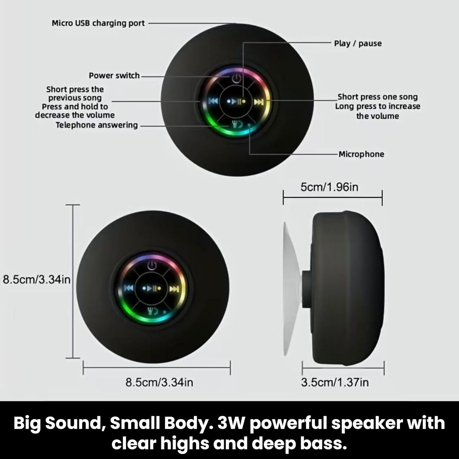 Waterproof Bluetooth Shower Speaker with LED, IPX4 Portable Wireless Hands-Free Mini Speaker, Built-In Mic, Suction Cup (Black)