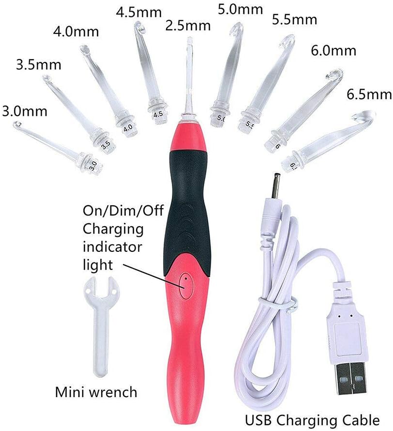 Lighted Crochet Hook Set, 9 in 1 Rechargeable Ergonomic Crochet Hook Set with Zip Case Light up Knitting Needles Kit Weave Sewing Tool Accessories