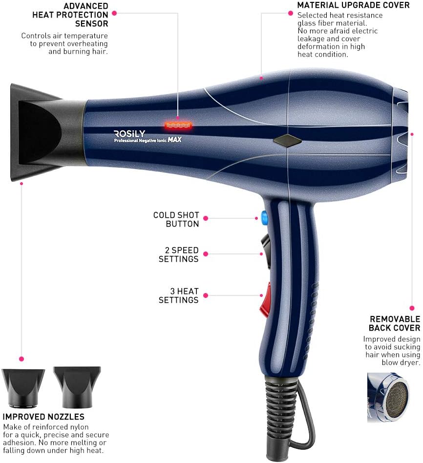 Professional 2200W Ionic Ceramic Hair Dryer | Fast Drying Salon Quality Blow Dryer with Nozzle Attachments for Smooth Shine and Silky Hair | Extra Long Cord and Faster Drying Time