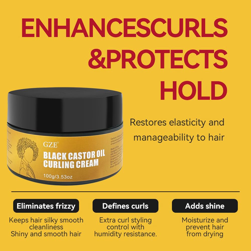 GZE Black Castor Oil Curling Cream - Curl Enhancer & Frizz Control for Curly Hair, Defines Curls Styling Cream 3.53Oz