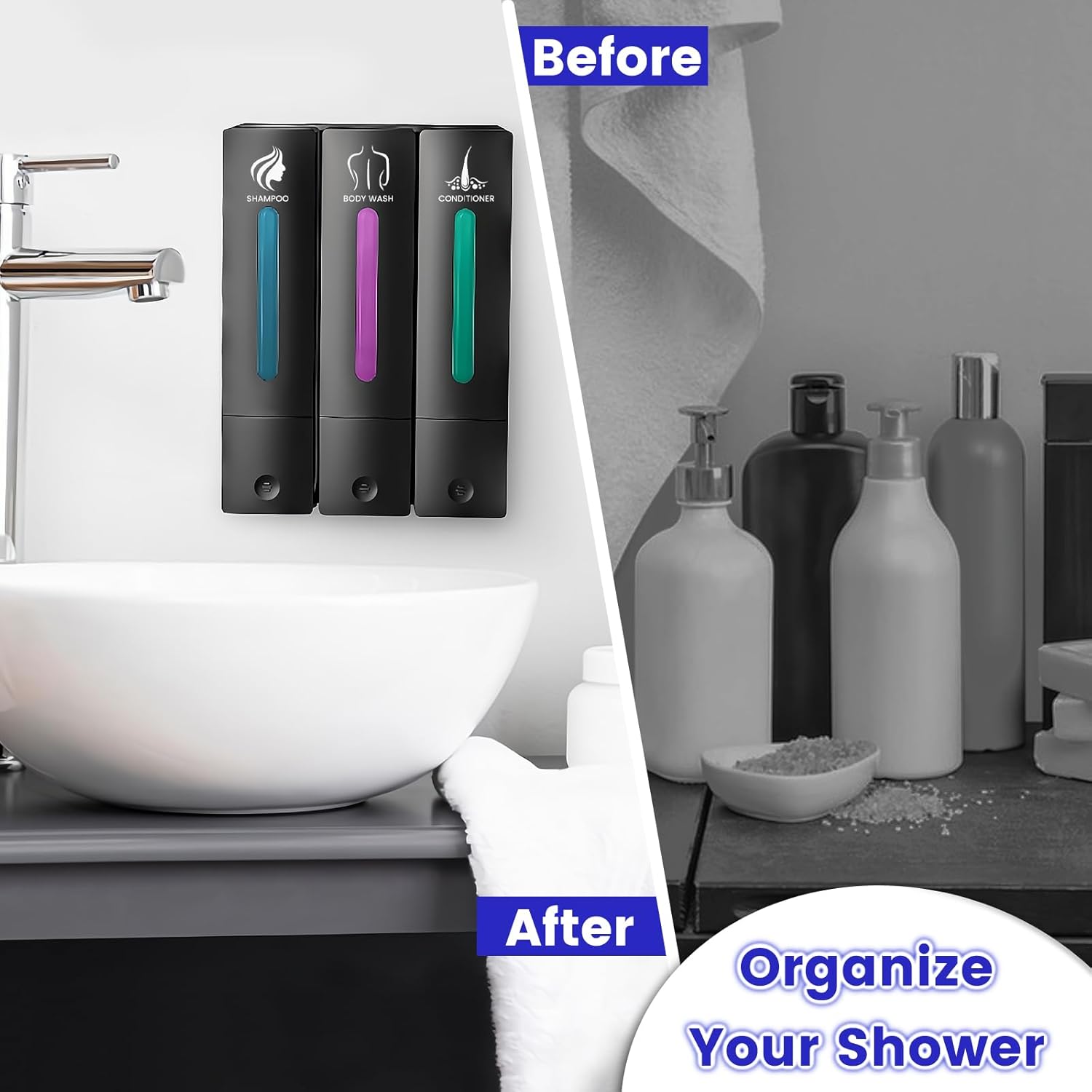 3 in 1 Shampoo and Conditioner Dispenser, 1200ML Capacity Shower Soap Dispenser Bathroom Set, 3 Chamber Shower Dispenser No Drill, Fashionable Wall Mounted Soap Dispenser for Bathroom & Hotel