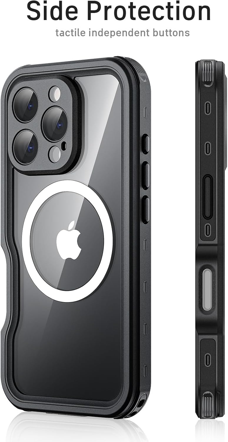 Waterproof Phone Case for Iphone 16 Pro Max, [Compatible with Magsafe] [IP68 Underwater] [Built-In Screen Protector & Glass Camera Protector] Full Body Shockproof Cover with Lanyard Black/Clear