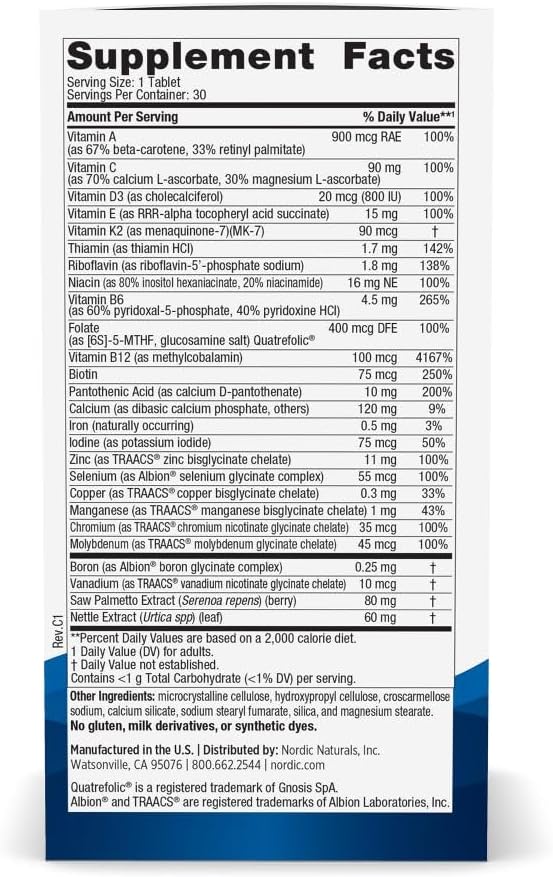 Men’S Multivitamin One Daily - Bone, Energy, & Blood-Vessel Support - Immunity Supplement - 20 Essential Nutrients - 30 Tablets - 30 Servings