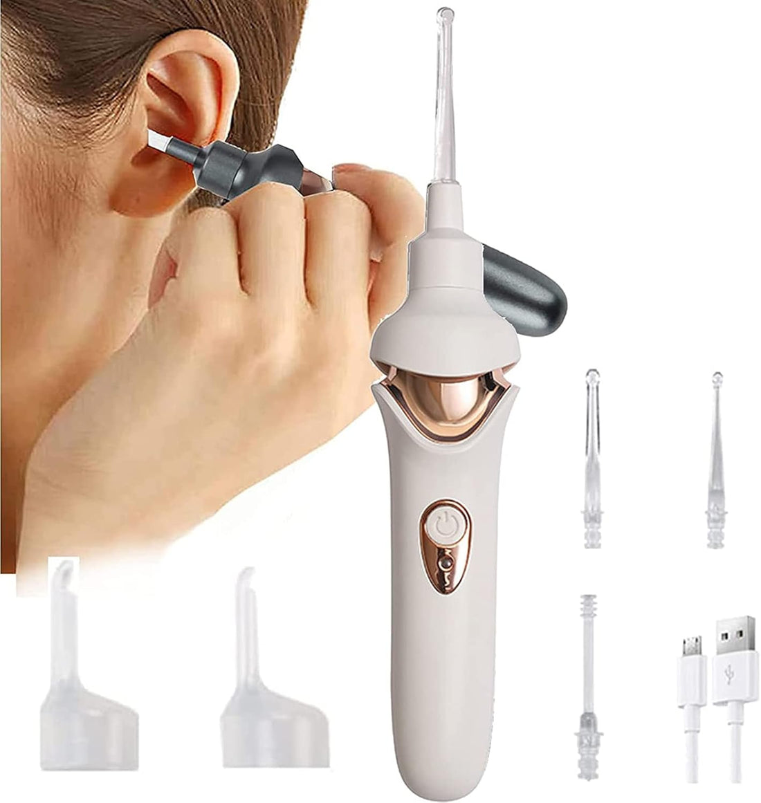 5-In-1 Electric Ear Scoop Electric Children'S Ear Scoop Safety Painless Earwax Remover Cordless Vacuum Ear Wax Cleaning Tool Painless Ear Cleaning Tool for Whole Family,White