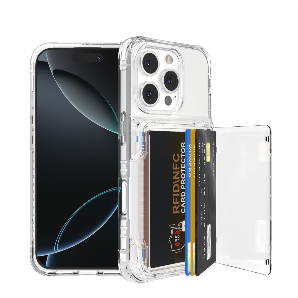 For Iphone 16 Pro Max Clear Wallet Case with RFID Blocking Card, up to 5 Cards, Hybrid Protective Case with Card Holder, TPU + PC, Anti-Yellowing, 6.9" 2024