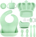 Silicone Baby Feeding Set 10 Pcs Baby Led Weaning Supplies Suction Bowl Divided Plate Baby Bibs Fruit Feeder Pacifier Baby Spoons Forks Sippy Cup Utensil Sets Baby Essentials for Newborn Grey Blue